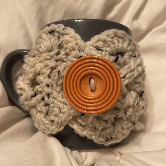 Handmade coffee tea mug hug hugger cozy NEW gift cream tweed grey gray - Picture 3 of 4